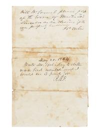 LINCOLN, Abraham (1809-1865). Autograph note initialed ("AL") as president to Mary Todd Lincoln with her autograph note signed ("Mrs Lincoln") affixed to same. Washington, D.C., [ca. 20 May] 1864.
