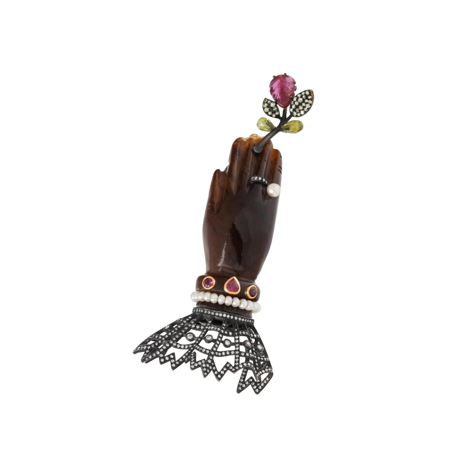 LUZ CAMINO, CARVED HAND AND MULTIGEM BROOCH
