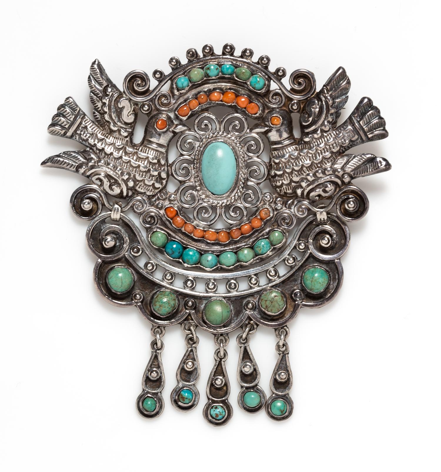 A Sterling Silver, Turquoise and Coral Dove Motif Pendant/Brooch, Matilde Poulat "Matl", Circa 1934-48, 26.60 dwts.