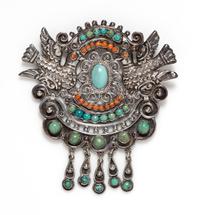 A Sterling Silver, Turquoise and Coral Dove Motif Pendant/Brooch, Matilde Poulat "Matl", Circa 1934-48, 26.60 dwts.
