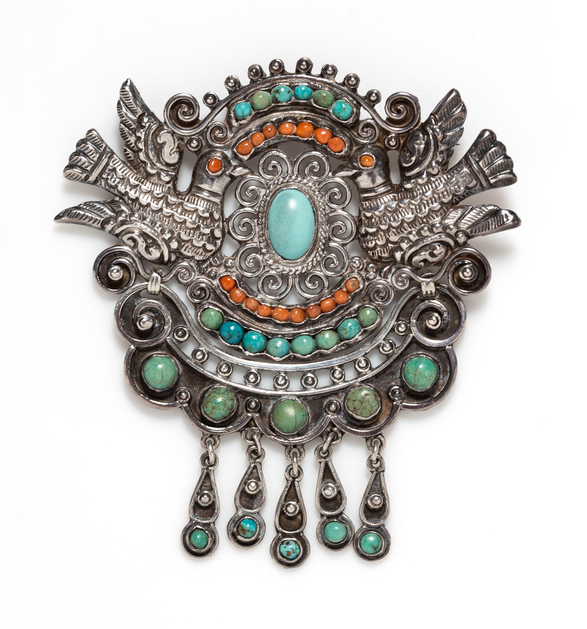 A Sterling Silver, Turquoise and Coral Dove Motif Pendant/Brooch, Matilde Poulat "Matl", Circa 1934-48, 26.60 dwts.