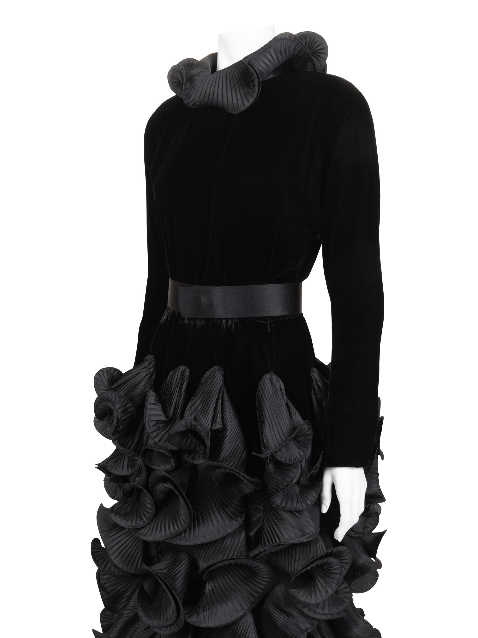Pierre Cardin Haute Couture Pleated Taffeta and Velvet Dress, Fall/Winter 1985