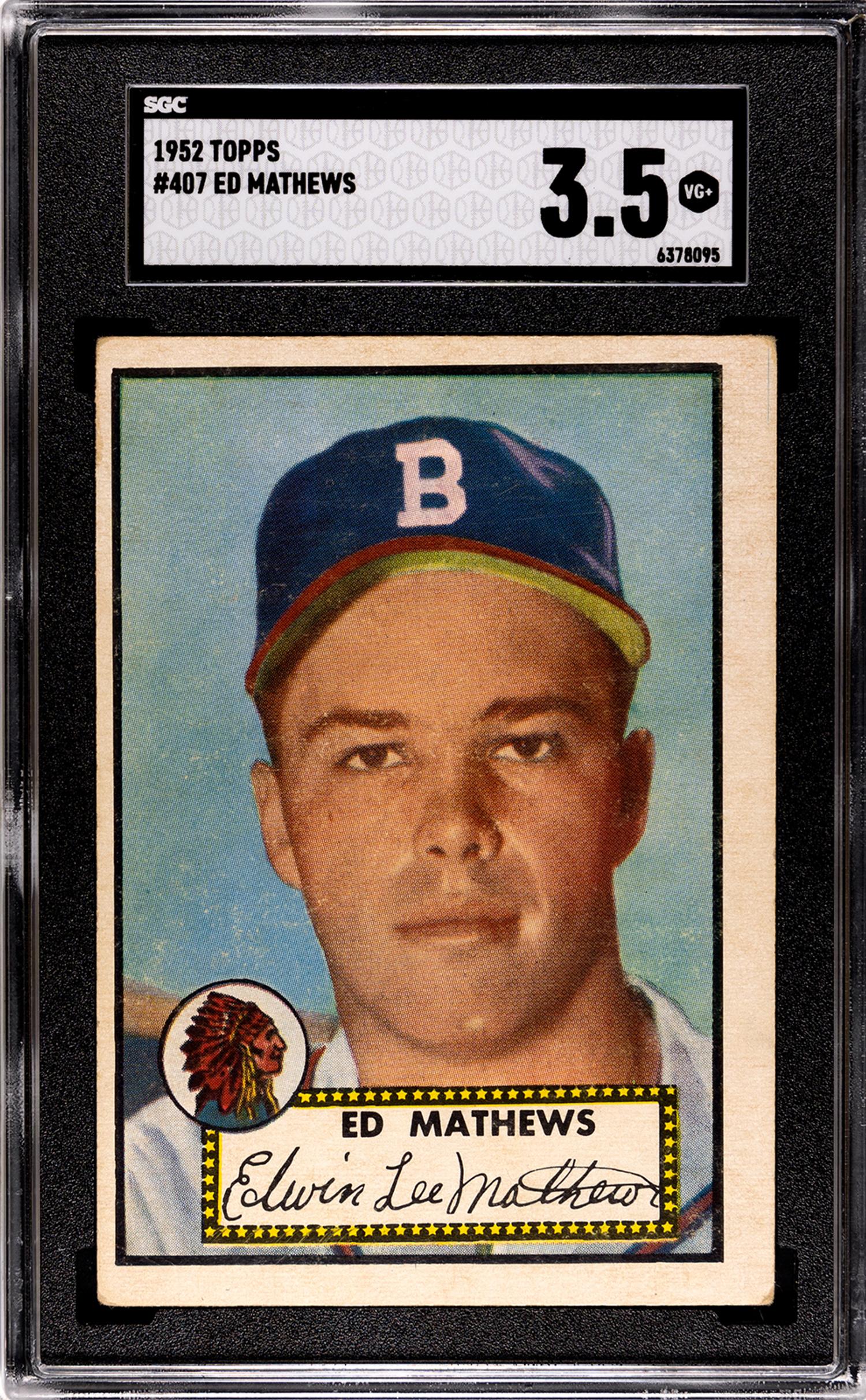 A 1952 Topps Eddie Mathews High Number Rookie Baseball Card No. 407 (SGC 3.5 VG+)