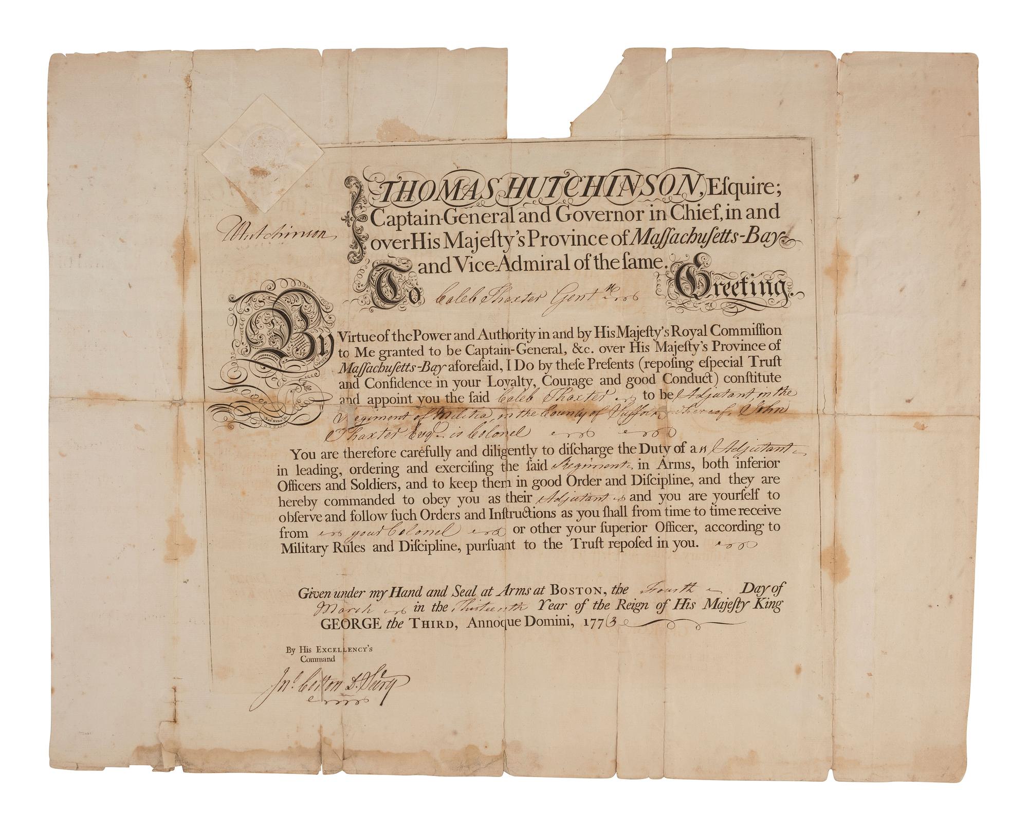 HUTCHINSON, Thomas (1711-1780). Military appointment signed ("T Hutchinson") as Governor of Massachusetts Bay Colony. Boston, 4 March 1773.