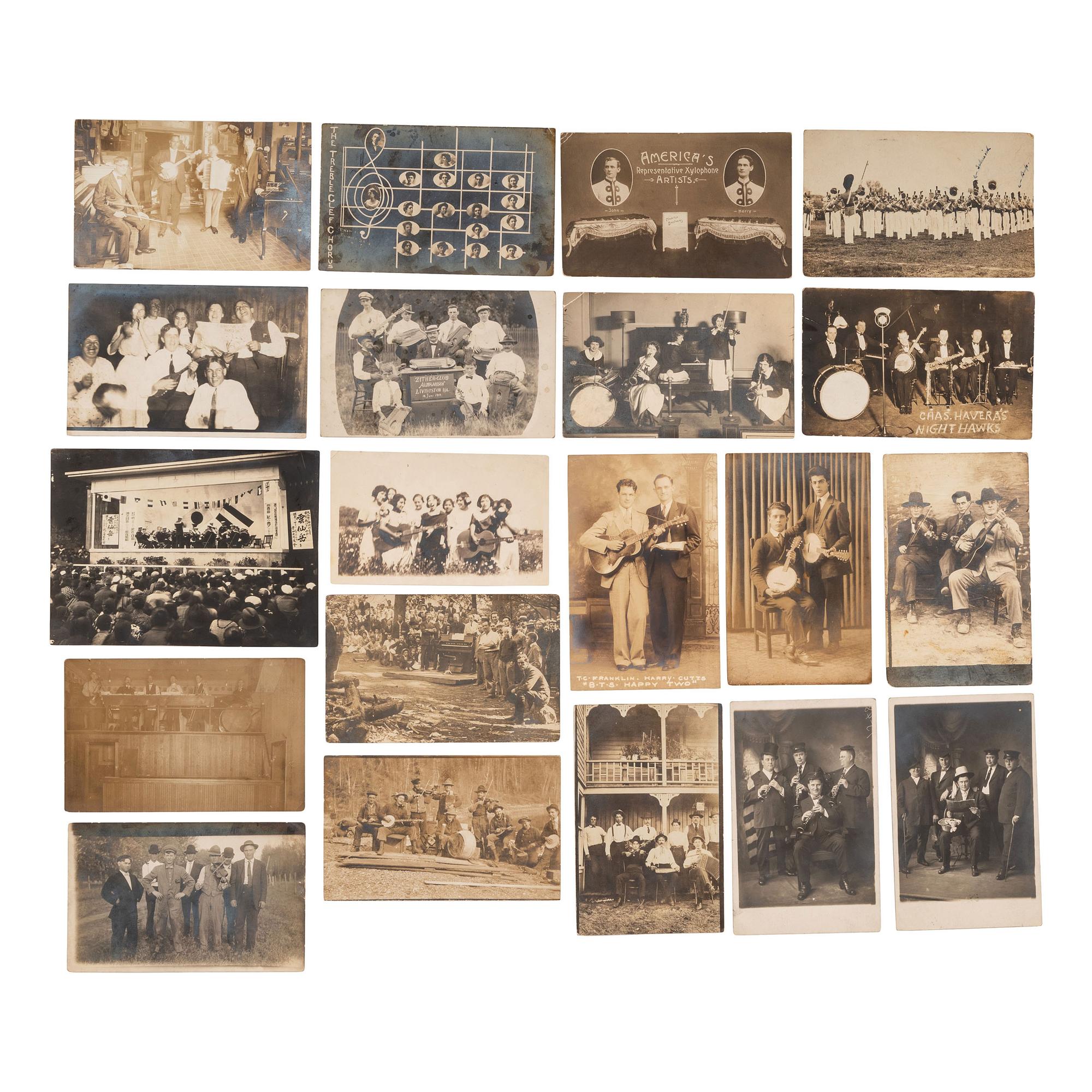 [EARLY PHOTOGRAPHY - MUSIC]. A collection of 60+ photographs of gospel, military, and marching bands and other musical groups, including: