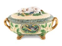 A Minton Majolica "Gun Dog" Game Pie Dish and Cover