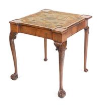 A George II Burlwood and Walnut Needlework Inset Concertina-Action Claw-and-Ball Foot Card Table