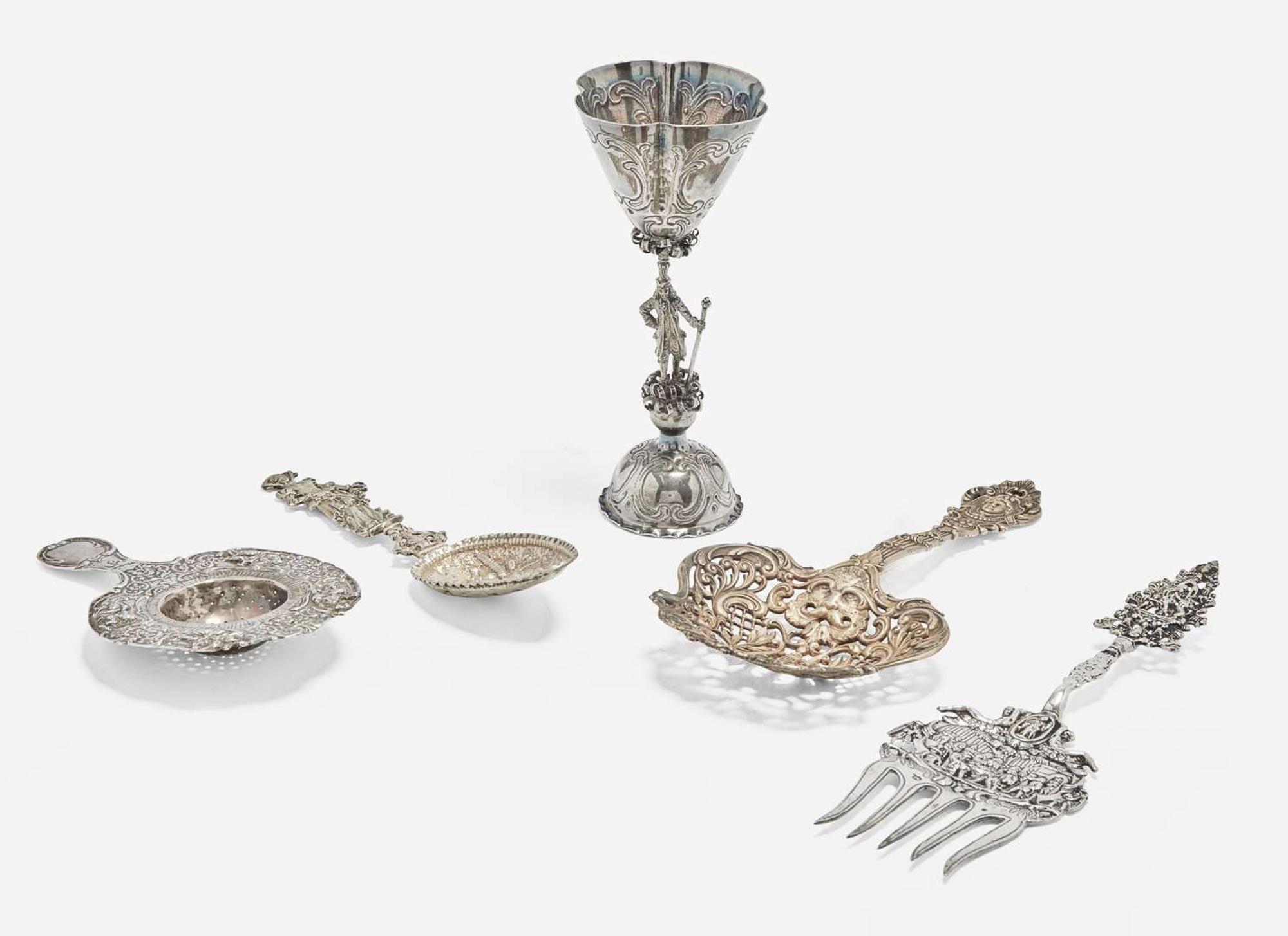 A group of five Renaissance Revival silver table items, Hanau, Germany and Providence, RI, late 19th / early 20th century