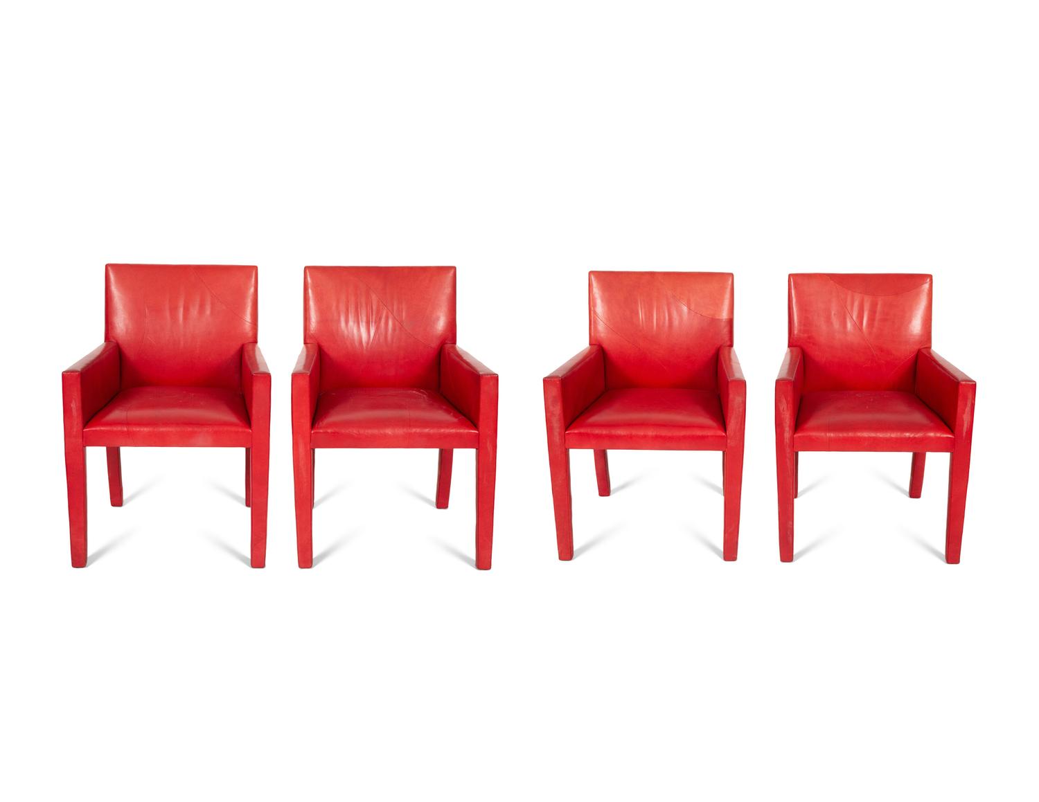 A Set of Four Contemporary Red Leatherette Upholstered Arm Chairs
