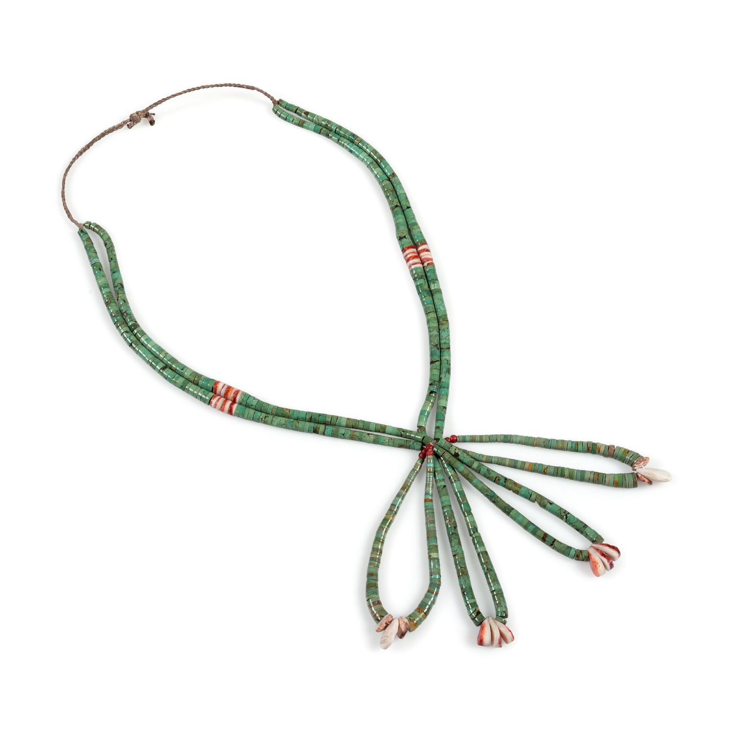 Pueblo Double-Strand Rolled Turquoise and Spiny Oyster Necklace, with Joclas