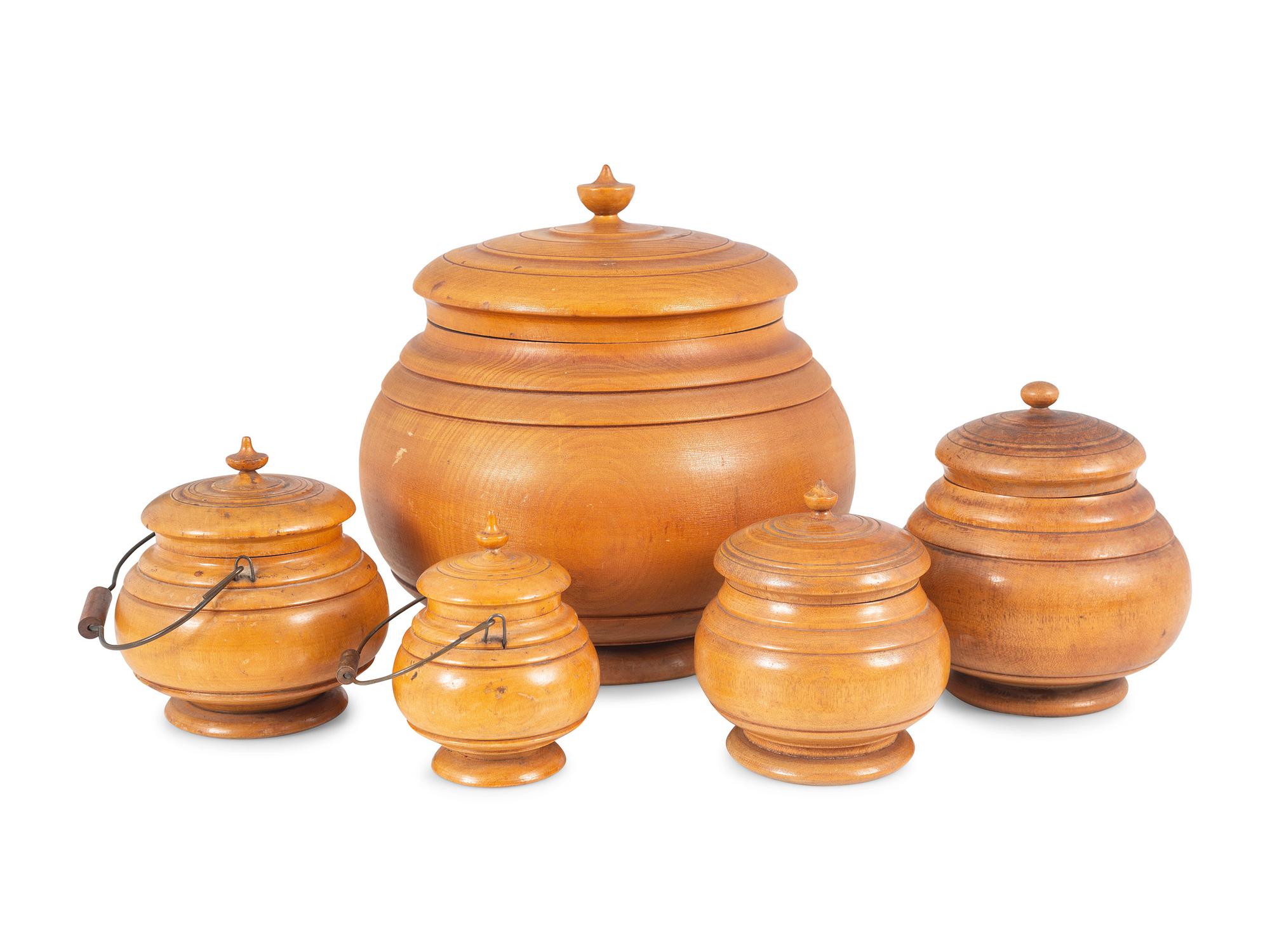 Five Turned Maple Peaseware Covered Jars