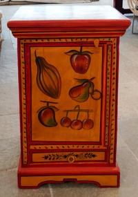 A Painted Cabinet with Fruit Decoration Height 25 3/4 x width 16 3/4 x depth 12 3/4 inches.