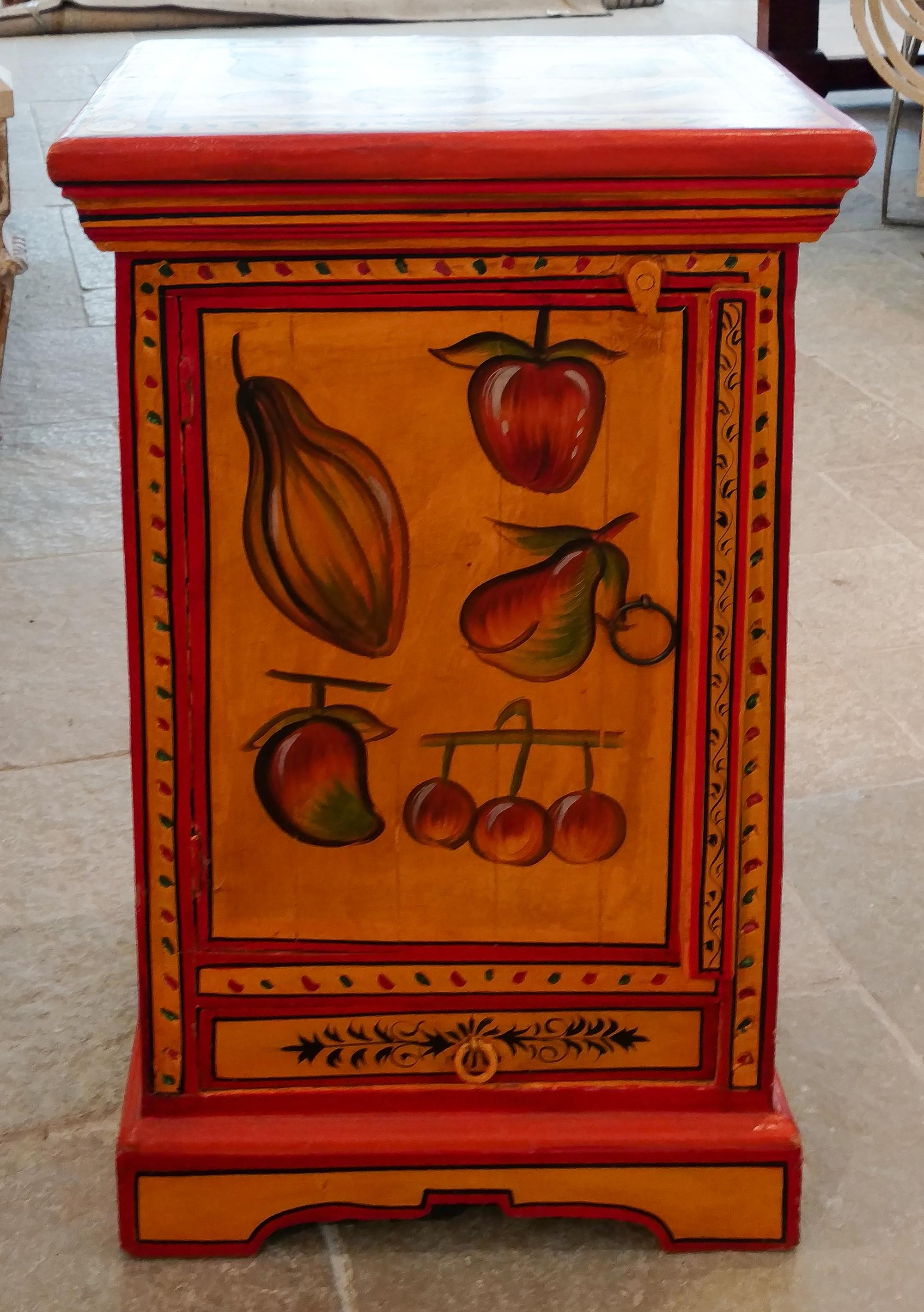 A Painted Cabinet with Fruit Decoration Height 25 3/4 x width 16 3/4 x depth 12 3/4 inches.