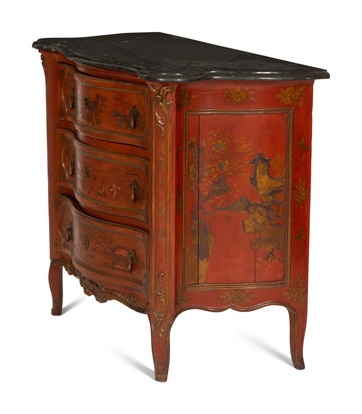 A Louis XV Style Red Japanned Marble-Top Serpentine Commode