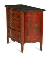 A Louis XV Style Red Japanned Marble-Top Serpentine Commode