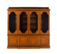 A Baker George III Style Satinwood and Fruitwood Breakfront Bookcase