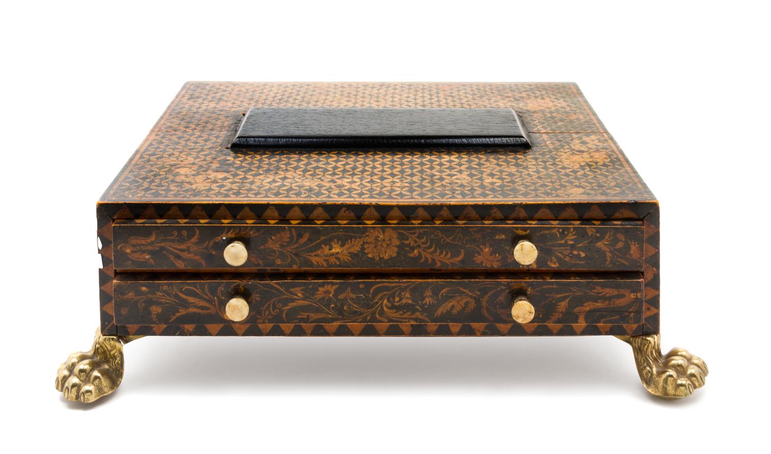 A Dutch Stenciled Sewing Box Height 3 1/2 x width 10 1/4 x depth 8 1/4 inches.