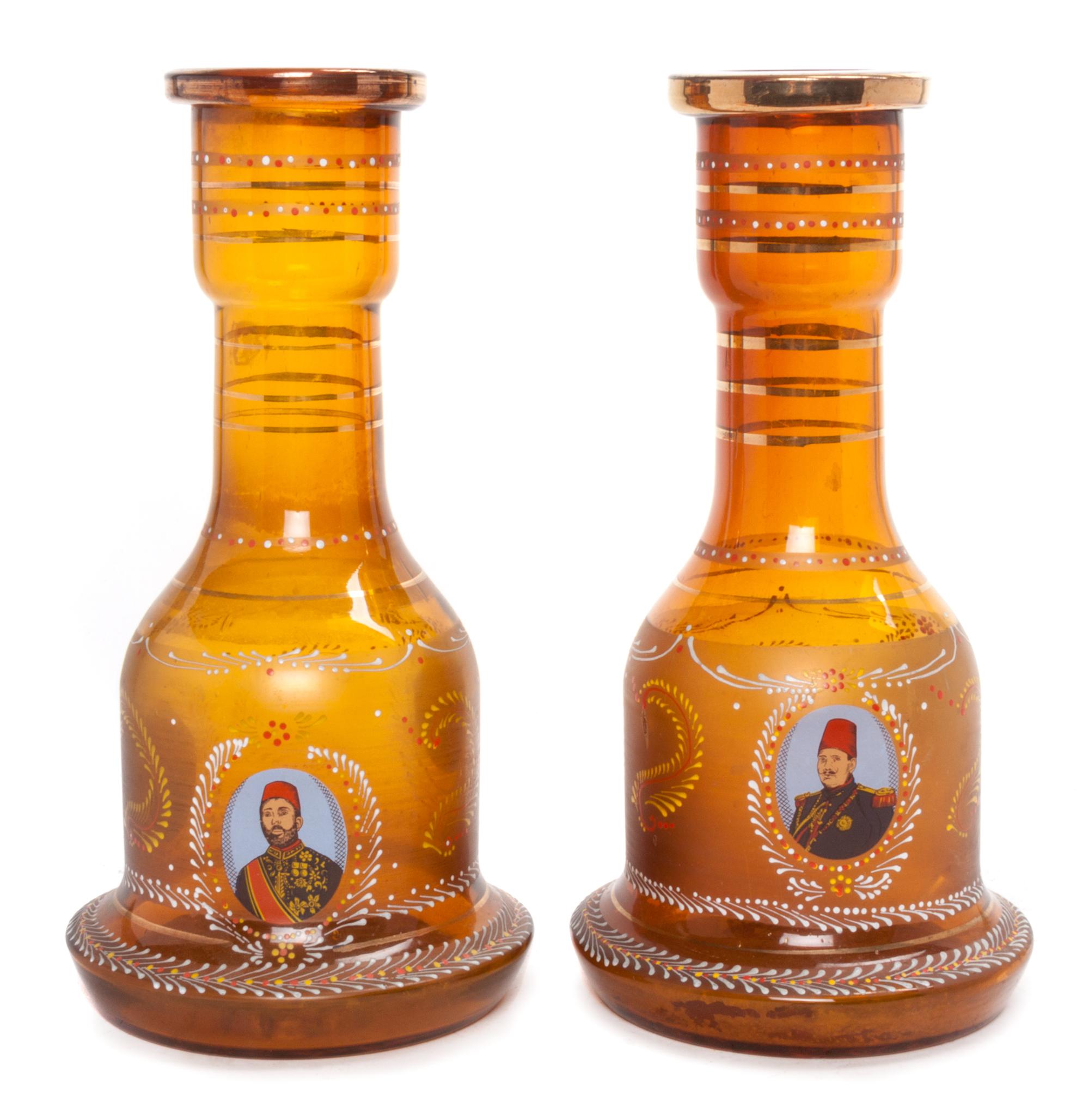 A Pair of Enameled Glass Hookah Bases Height 11 1/2 inches.