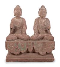 Two Chinese Carved Stone Seated Figures on a Rectangular Base with Remnants of Polychrome Decoration
