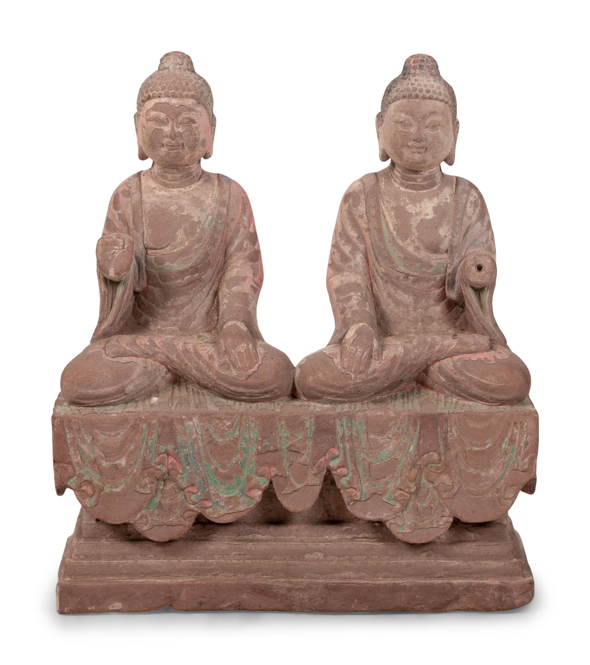 Two Chinese Carved Stone Seated Figures on a Rectangular Base with Remnants of Polychrome Decoration