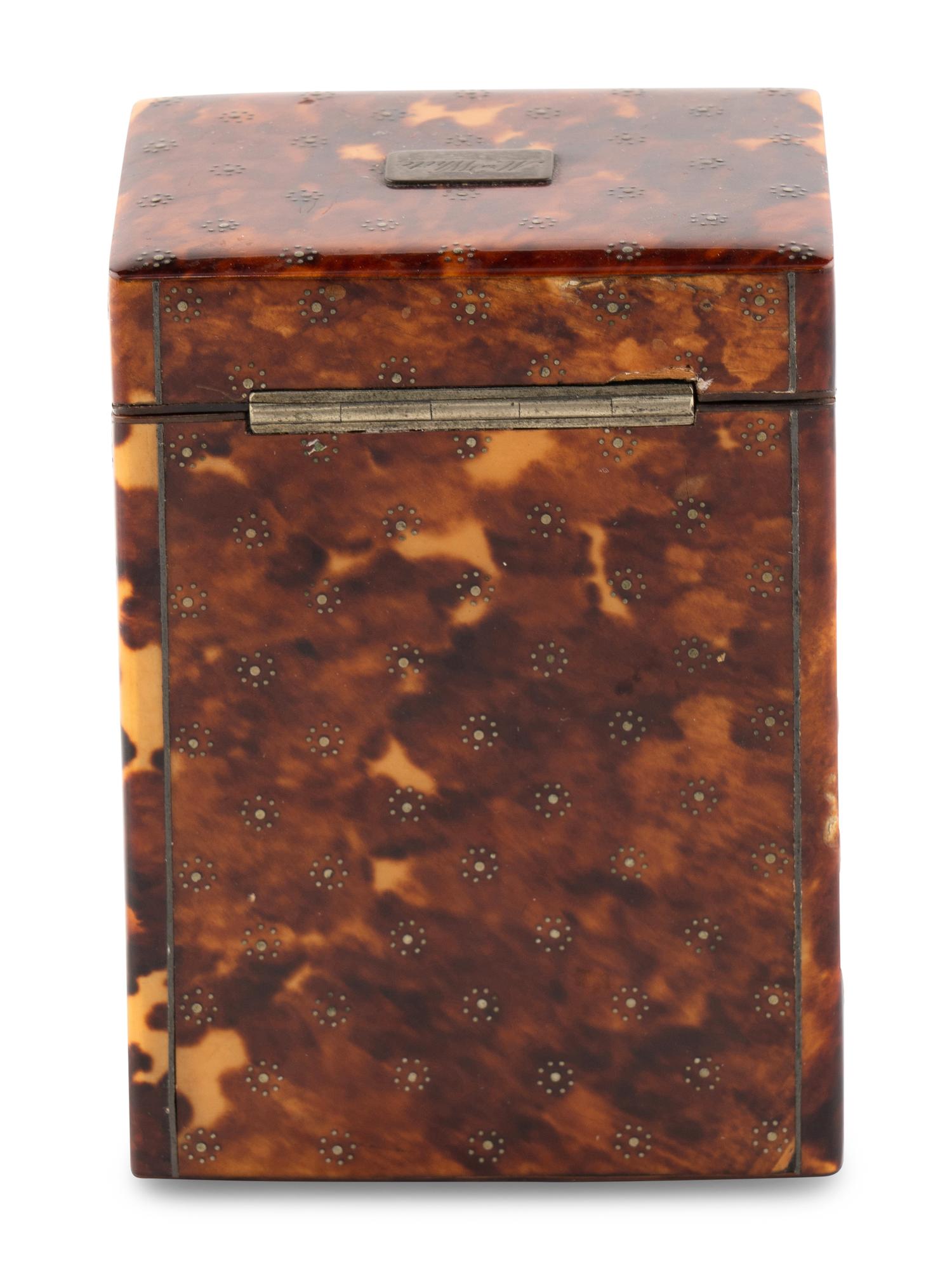 A Regency Punch Decorated Tortoise Shell Tea Caddy