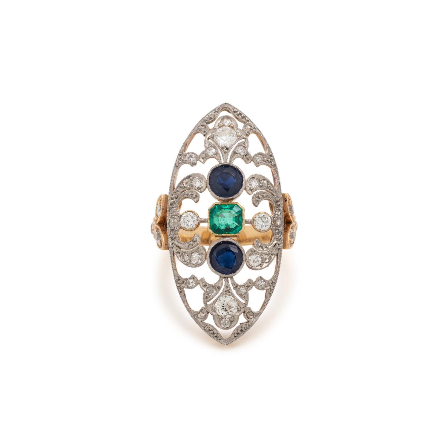 EMERALD, SAPPHIRE AND DIAMOND RING