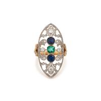 EMERALD, SAPPHIRE AND DIAMOND RING