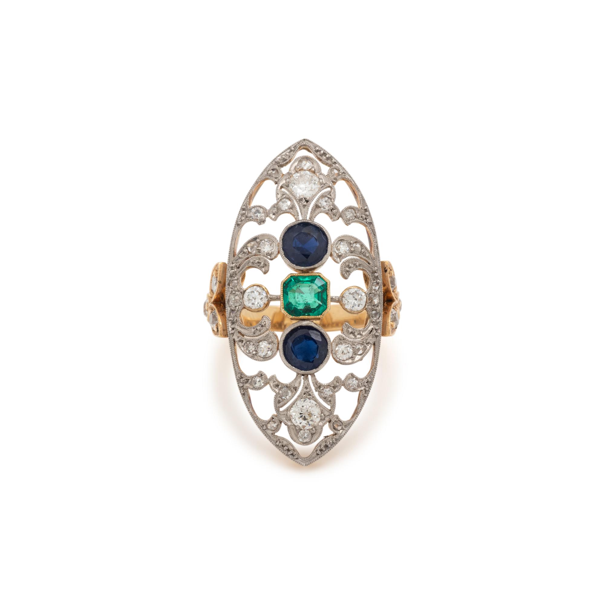 EMERALD, SAPPHIRE AND DIAMOND RING