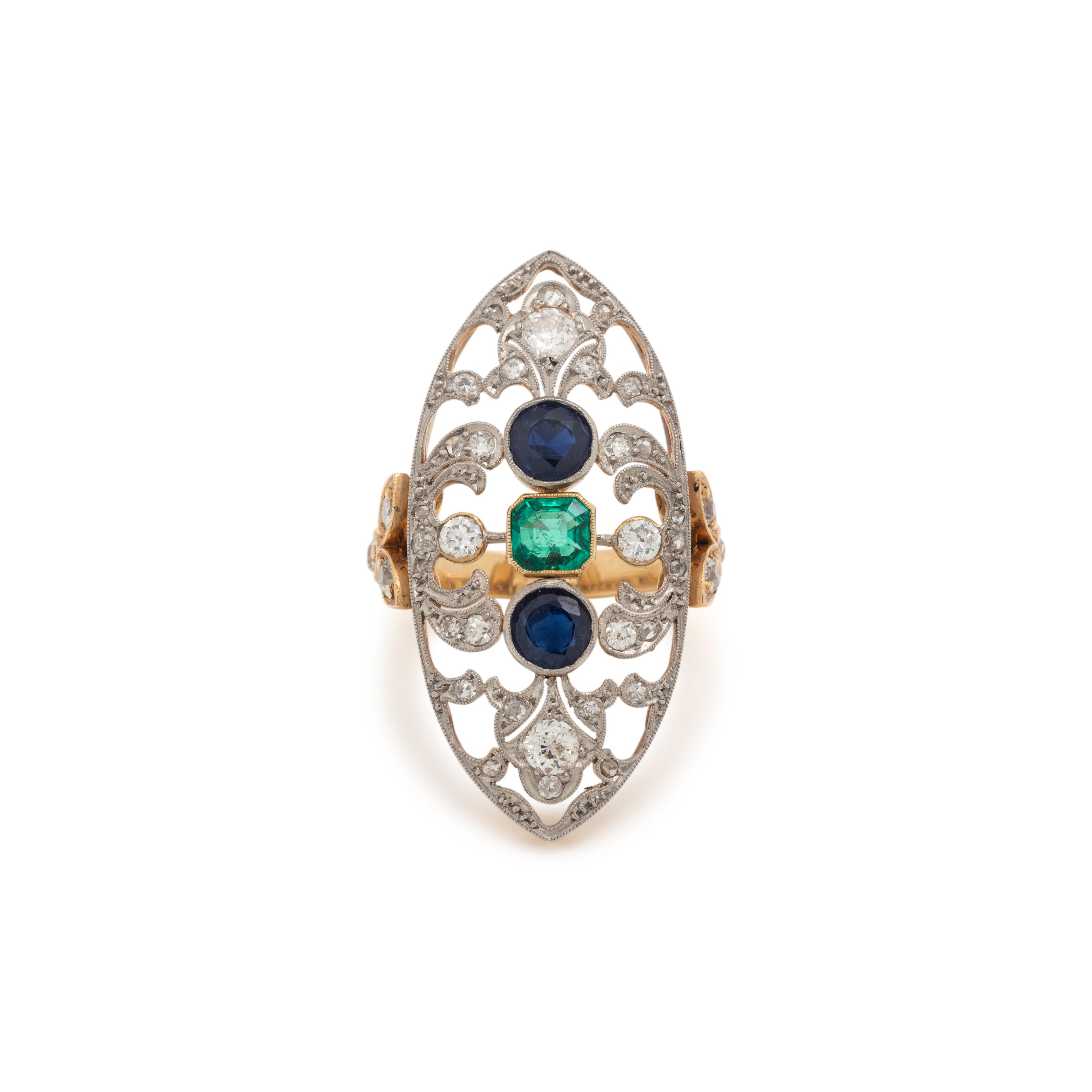 EMERALD, SAPPHIRE AND DIAMOND RING