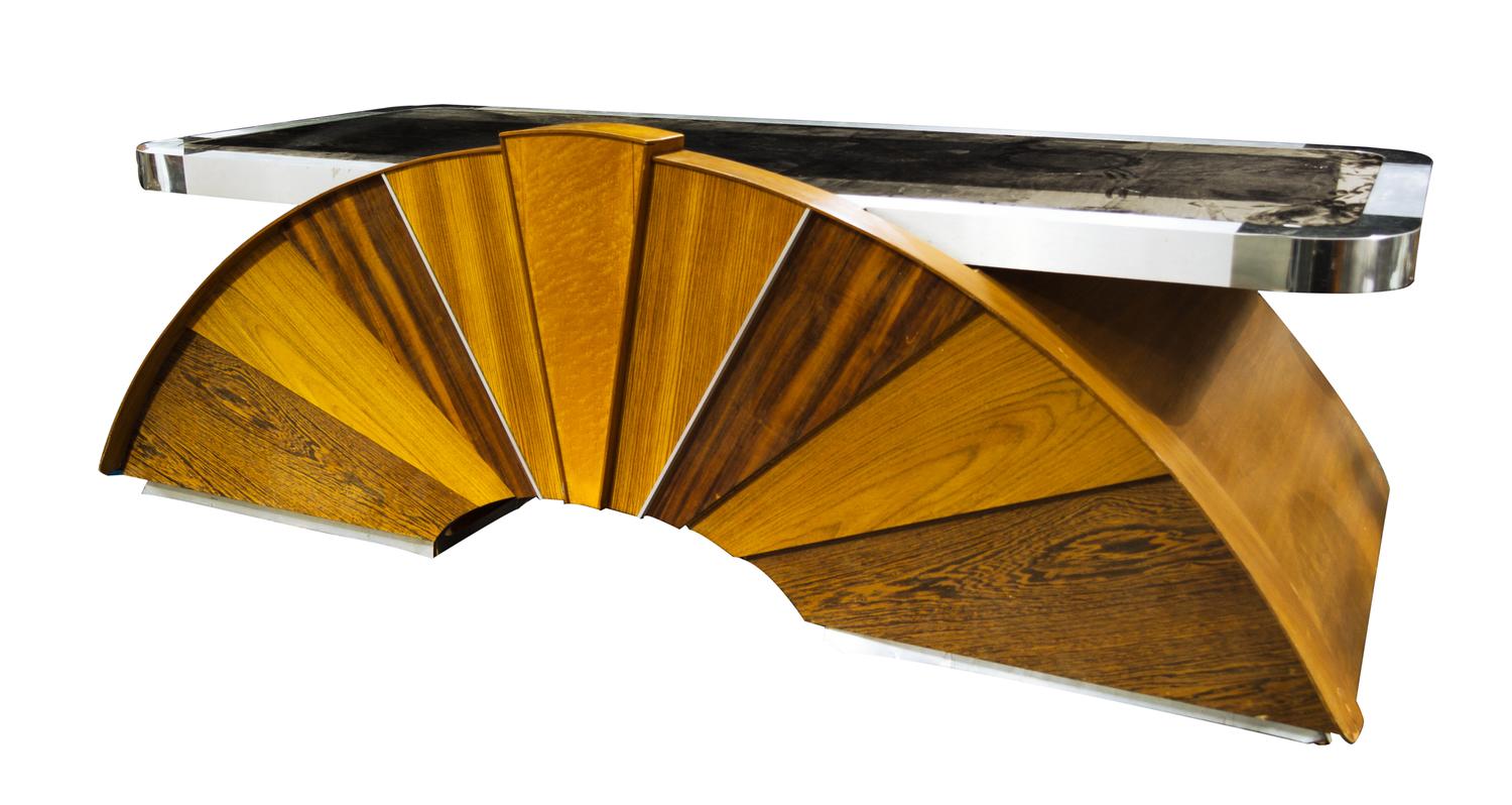 An Exotic Woods, Steel, Acrylic and Aluminum Desk Height 33 1/2 x width 96 x depth 44 1/2 inches. — CIRCA 1970s