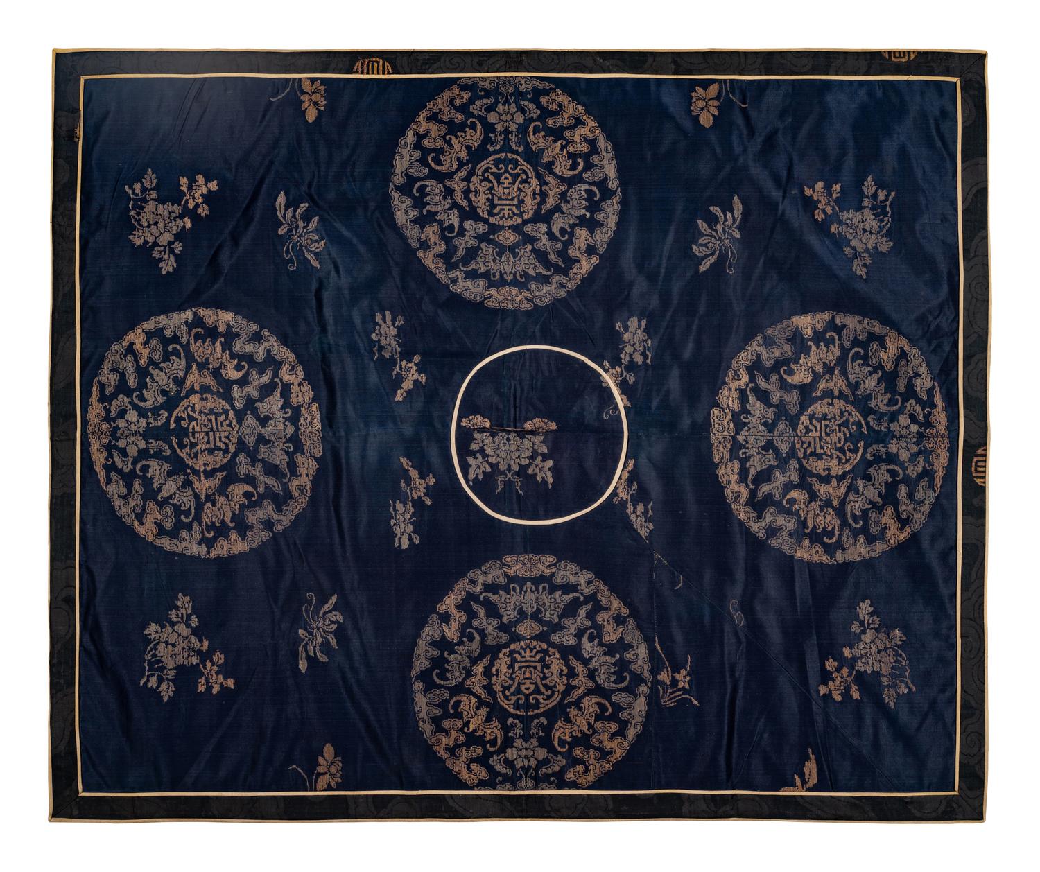 Two Chinese Blue Ground Embroidered Silk Panels