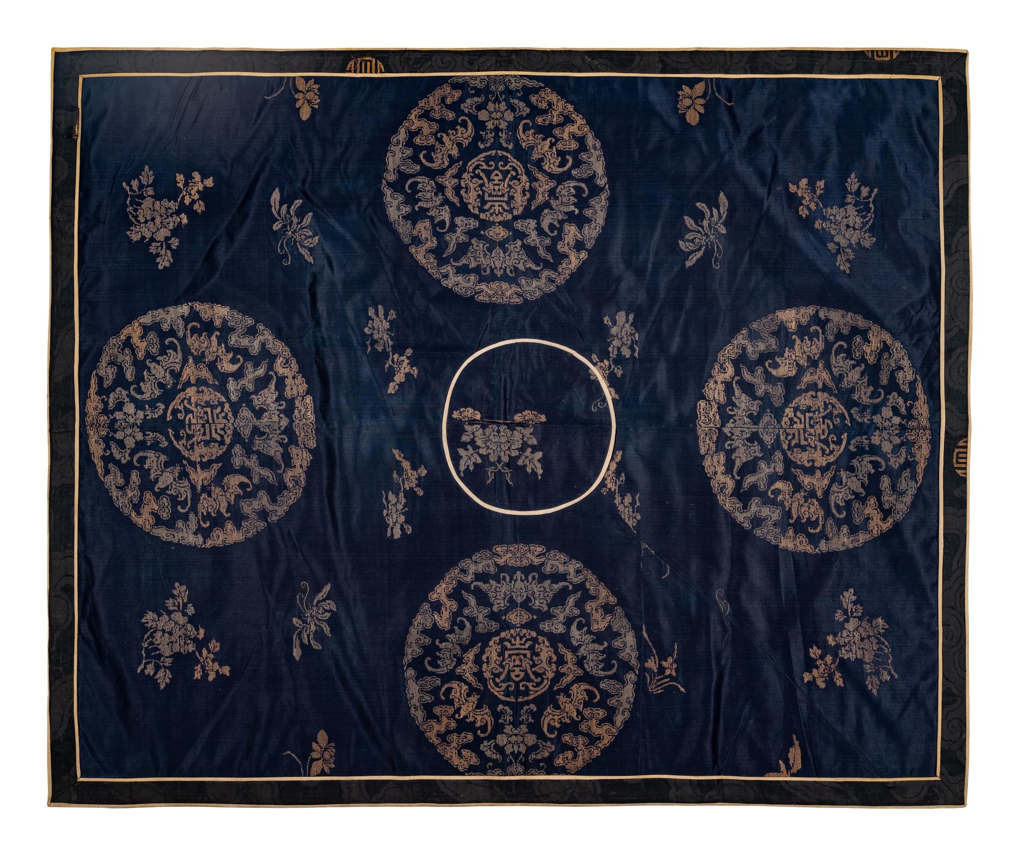 Two Chinese Blue Ground Embroidered Silk Panels