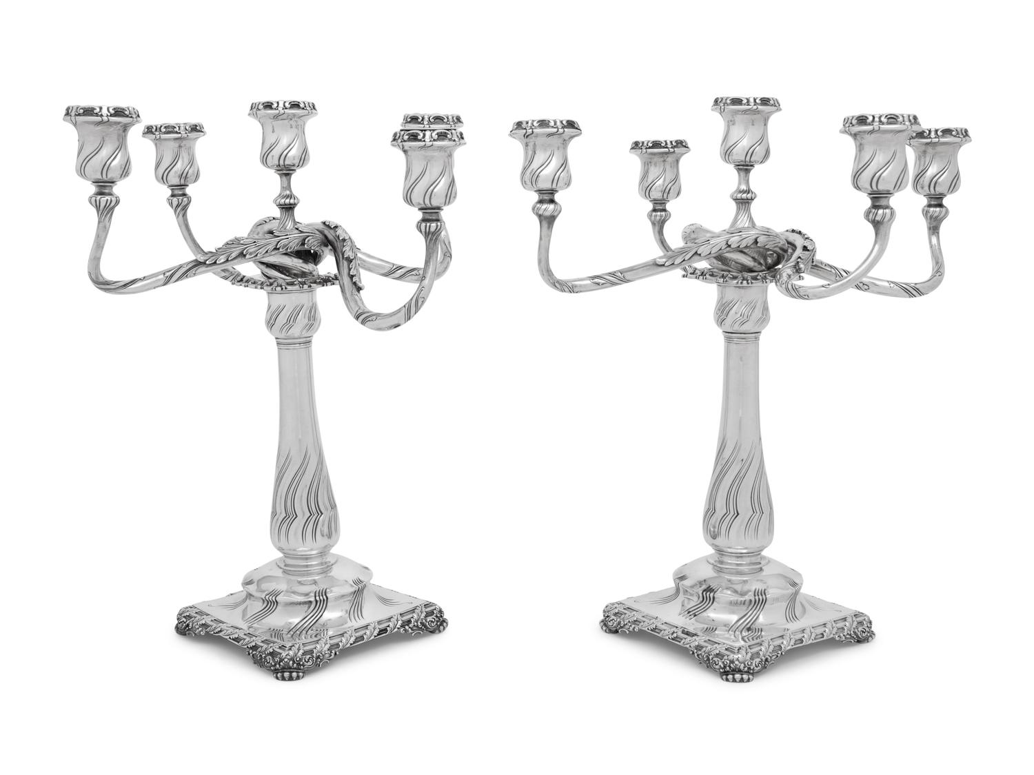 A Pair of Tiffany and Co. Silver Five-Light Candelabra