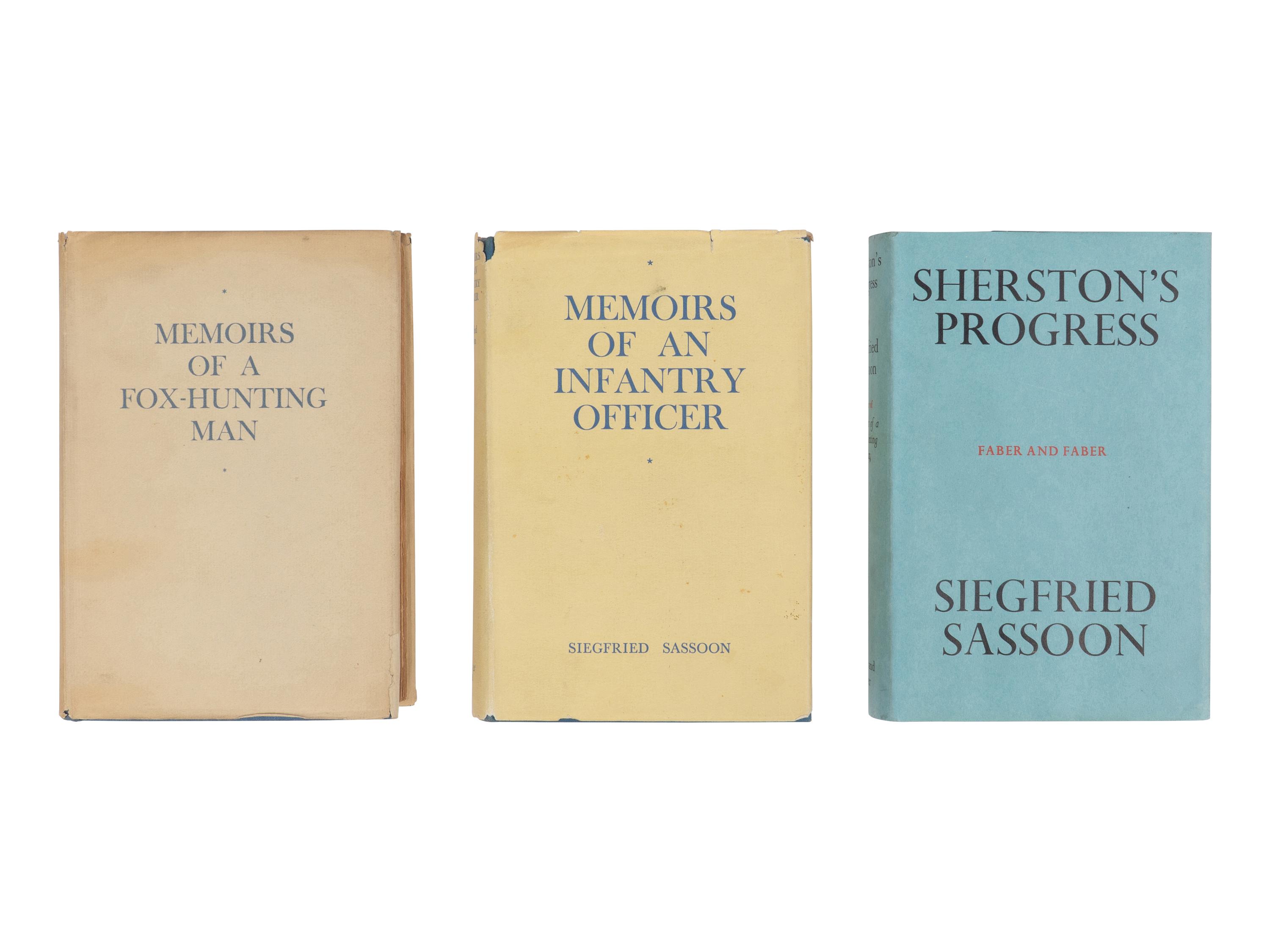 SASSOON, Siegfried (1886-1967). [Sherston trilogy]. Memoirs of a Fox-Hunting Man . 1928. -- Memoirs of an Infantry Officer . 1930. -- Sherston's Progress . 1936. London: Faber & Gwyer; Faber & Faber.