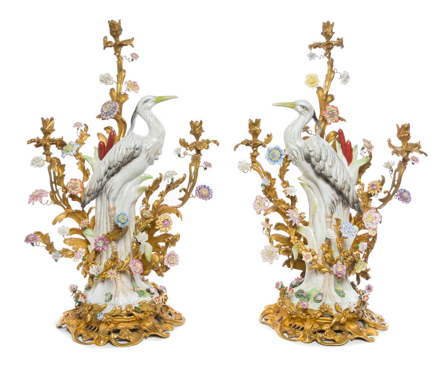 A Pair of Gilt Bronze Mounted Porcelain Three-Light Candelabra Height 32 inches. — 19TH/20TH CENTURY