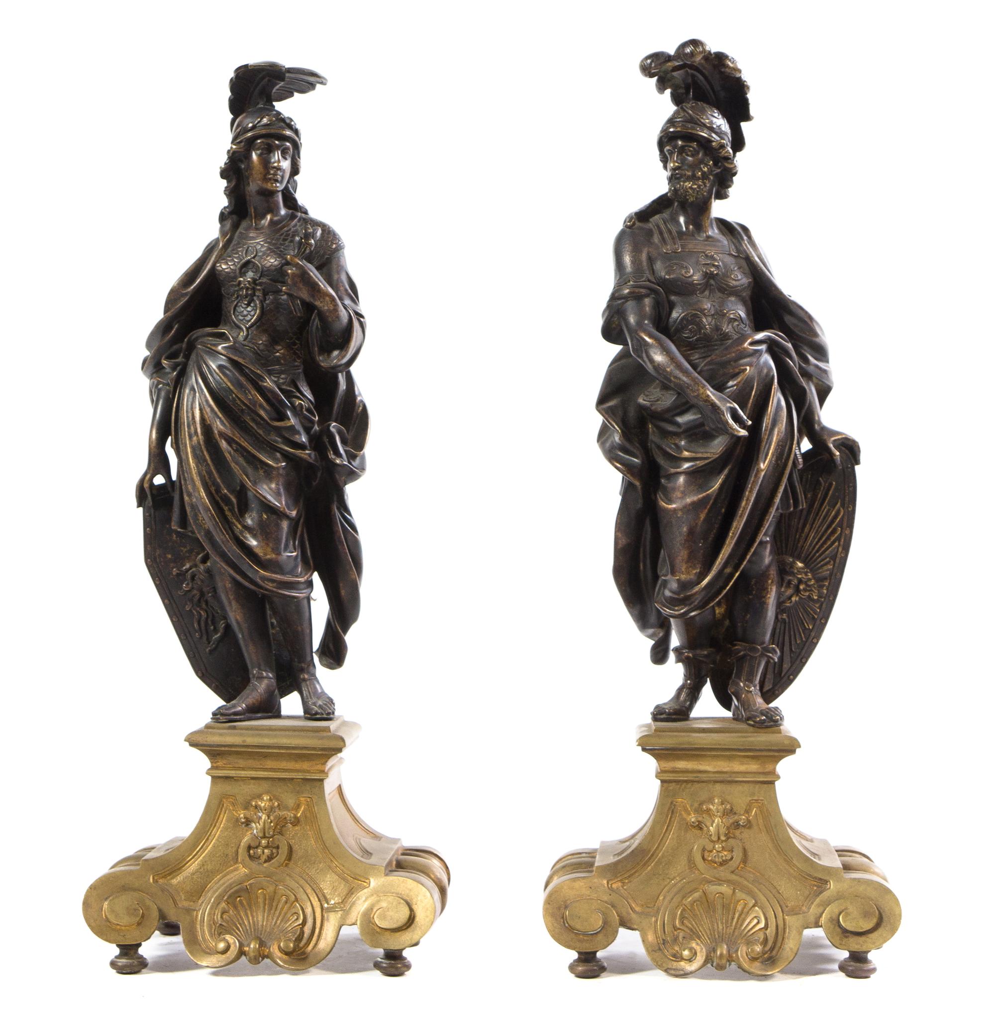 A Pair of French Gilt and Patinated Bronze Figural Chenets Height 22 1/2 inches. — 19TH CENTURY