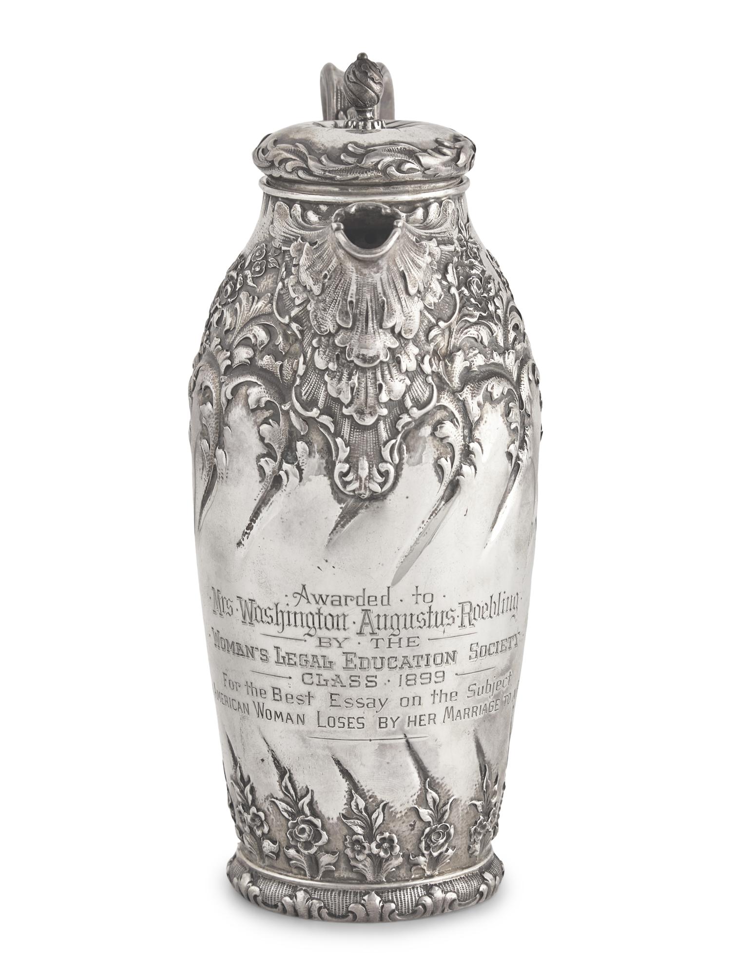 A Presentation Sterling Silver Floral Repousse Syrup Pitcher Awarded to Mrs. Washington Augustus Roebling, Gorham Mfg. Co., Providence, RI, Circa 1890s