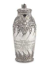 A Presentation Sterling Silver Floral Repousse Syrup Pitcher Awarded to Mrs. Washington Augustus Roebling, Gorham Mfg. Co., Providence, RI, Circa 1890s