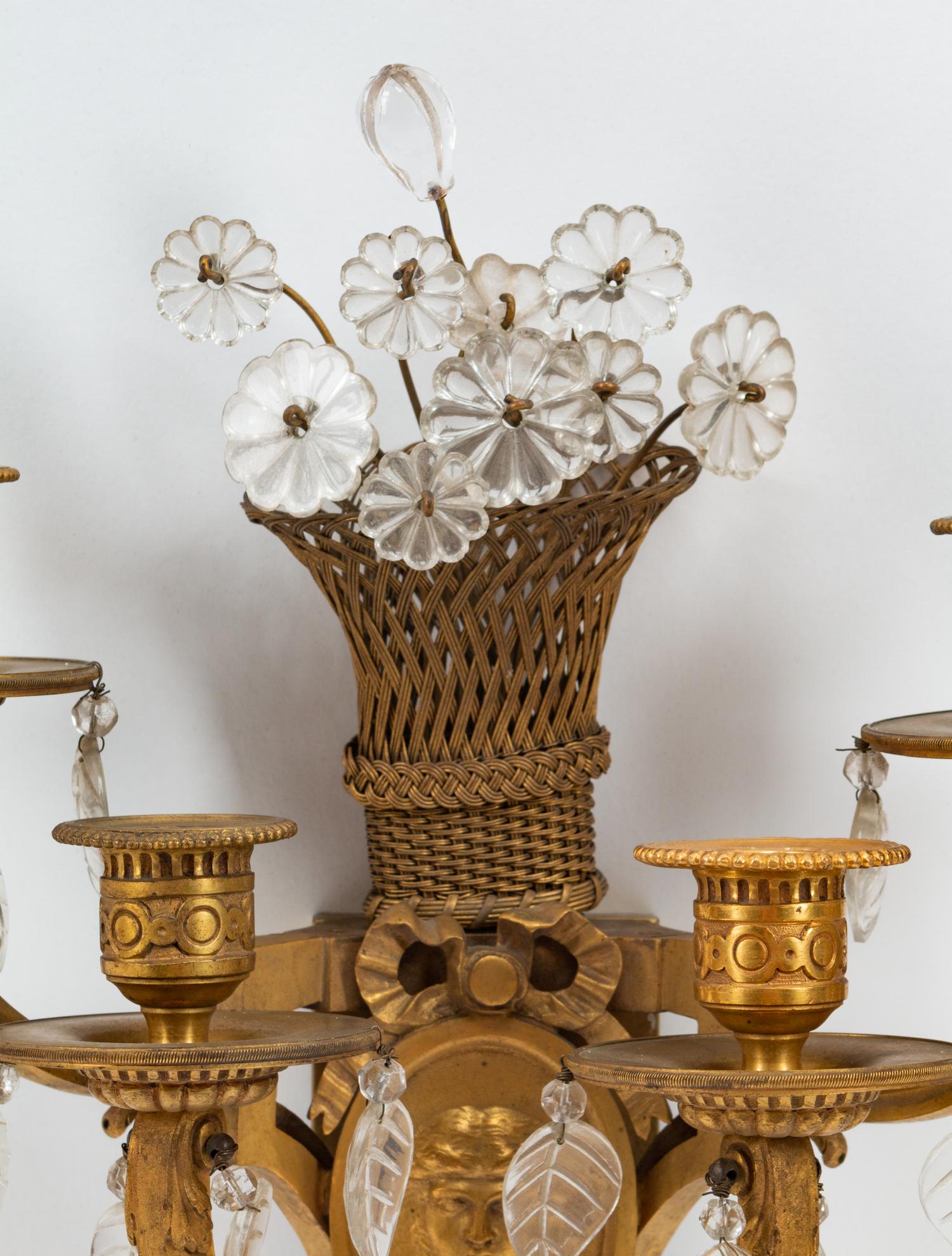 A Pair of Neoclassical Style Gilt-Bronze and Glass Four-Light Sconces