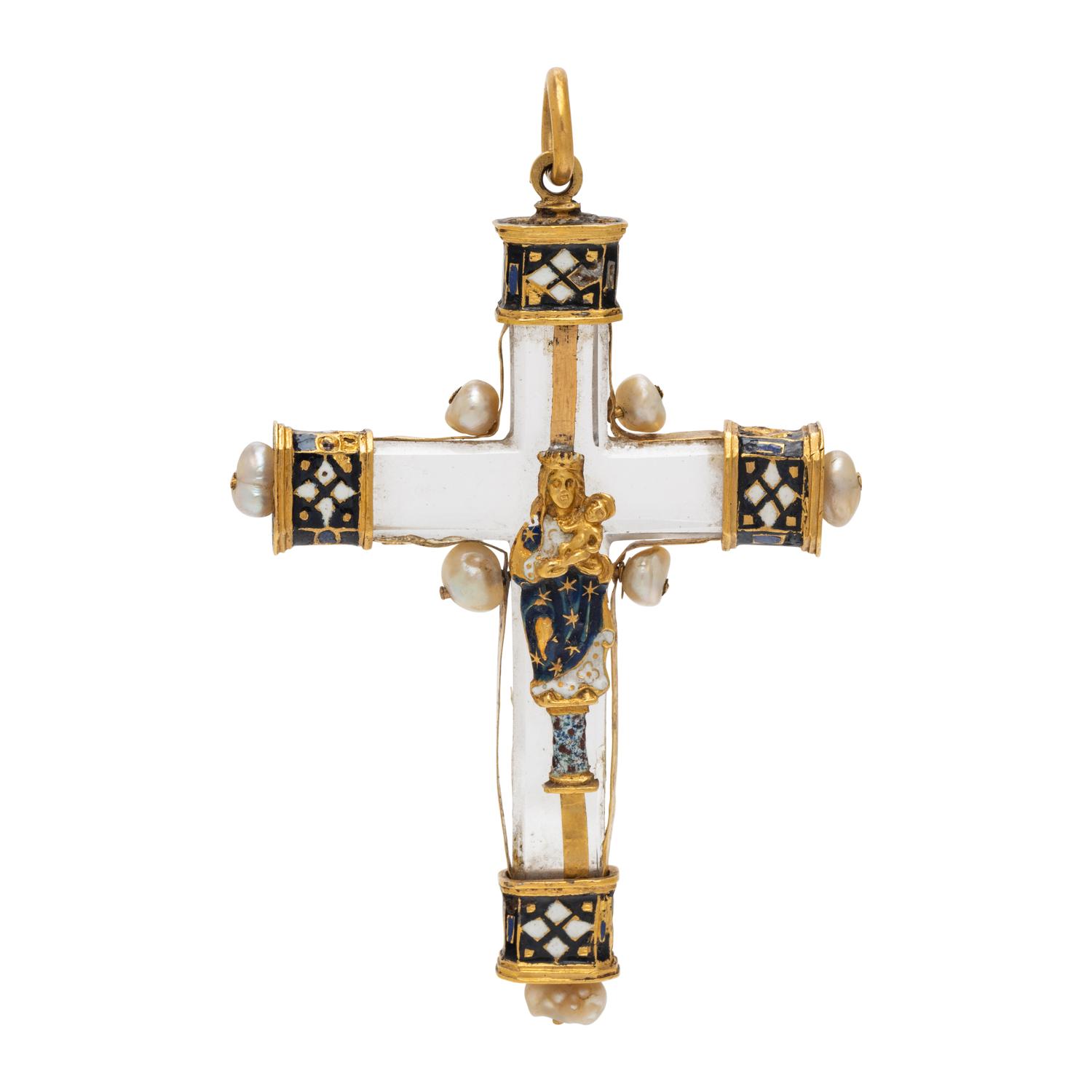 RENAISSANCE, YELLOW GOLD, ROCK CRYSTAL, PEARL AND ENAMEL CROSS PENDANT