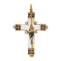 RENAISSANCE, YELLOW GOLD, ROCK CRYSTAL, PEARL AND ENAMEL CROSS PENDANT