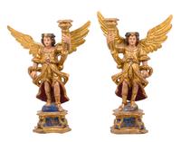 A Pair of Italian Painted and Gilt Figural Candlesticks Height 28 1/2 inches. — 17TH/18TH CENTURY