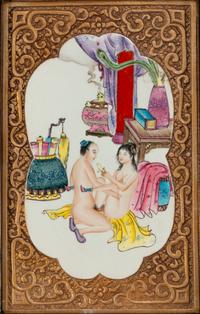 A Set of Four Chinese Export Gilt and Enameled Erotic Porcelain Plaques