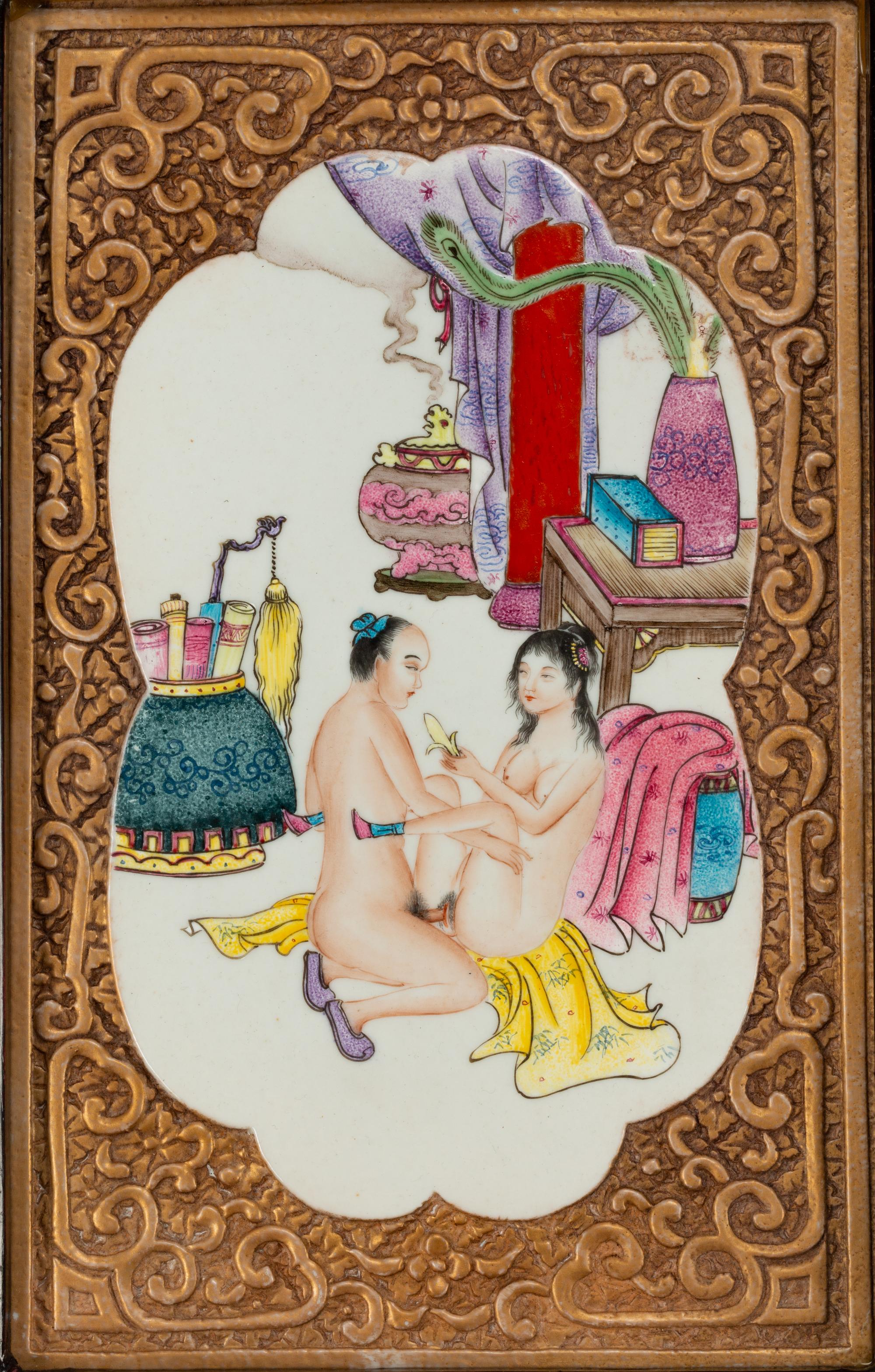 A Set of Four Chinese Export Gilt and Enameled Erotic Porcelain Plaques