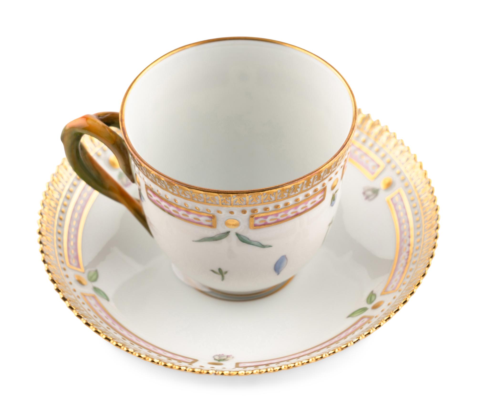 A Set of Eight Royal Copenhagen Flora Danica Porcelain Teacups and Saucers