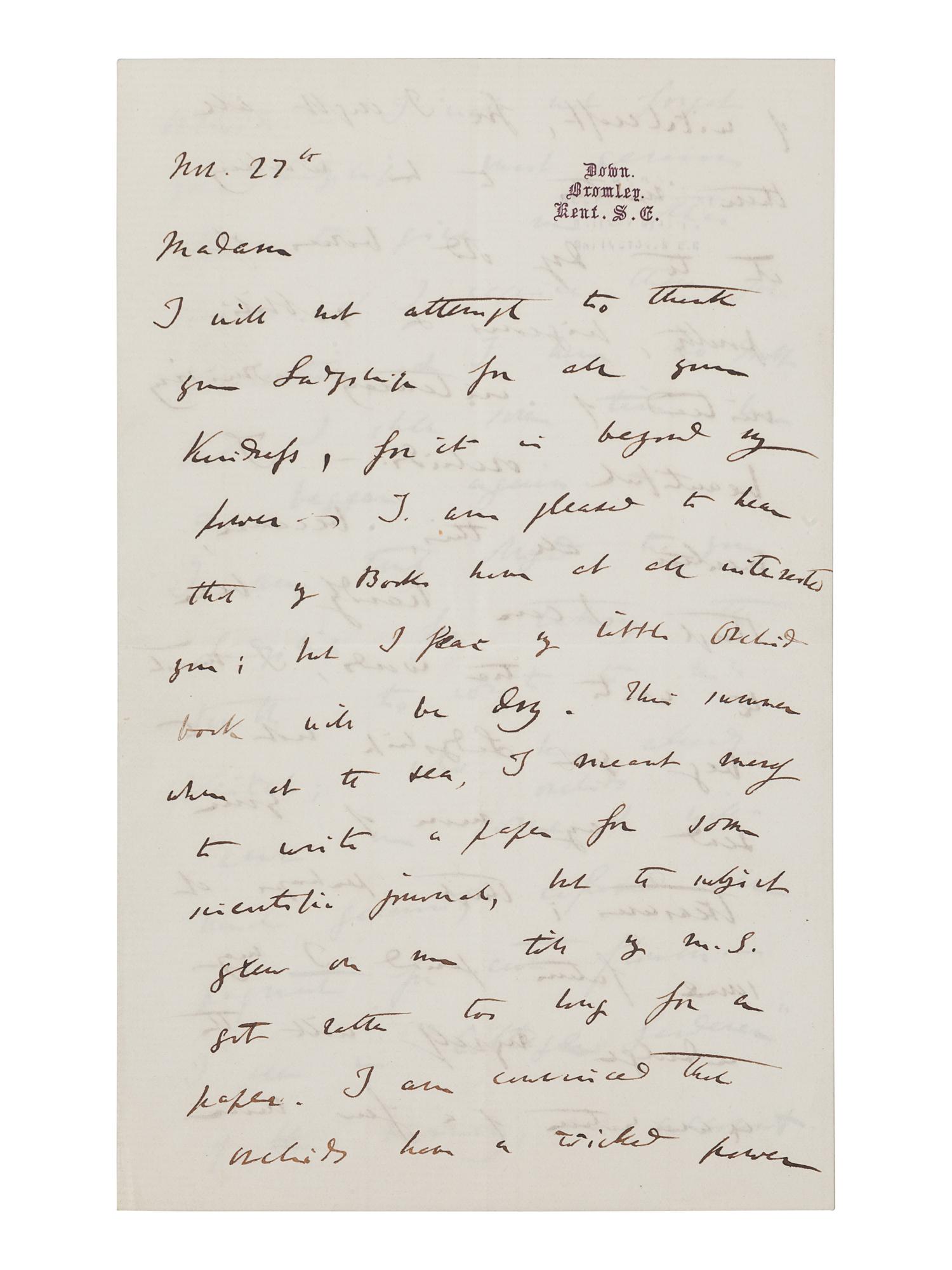DARWIN, Charles (1809-1882). Autograph letter signed (“Charles Darwin”) to Lady Dorothy Fanny Nevill (“Madam”), Down, Bromley, Kent, 27 November [1861]. 4 pages, 8vo (203 x 127 mm), on a bifolium. Creased.