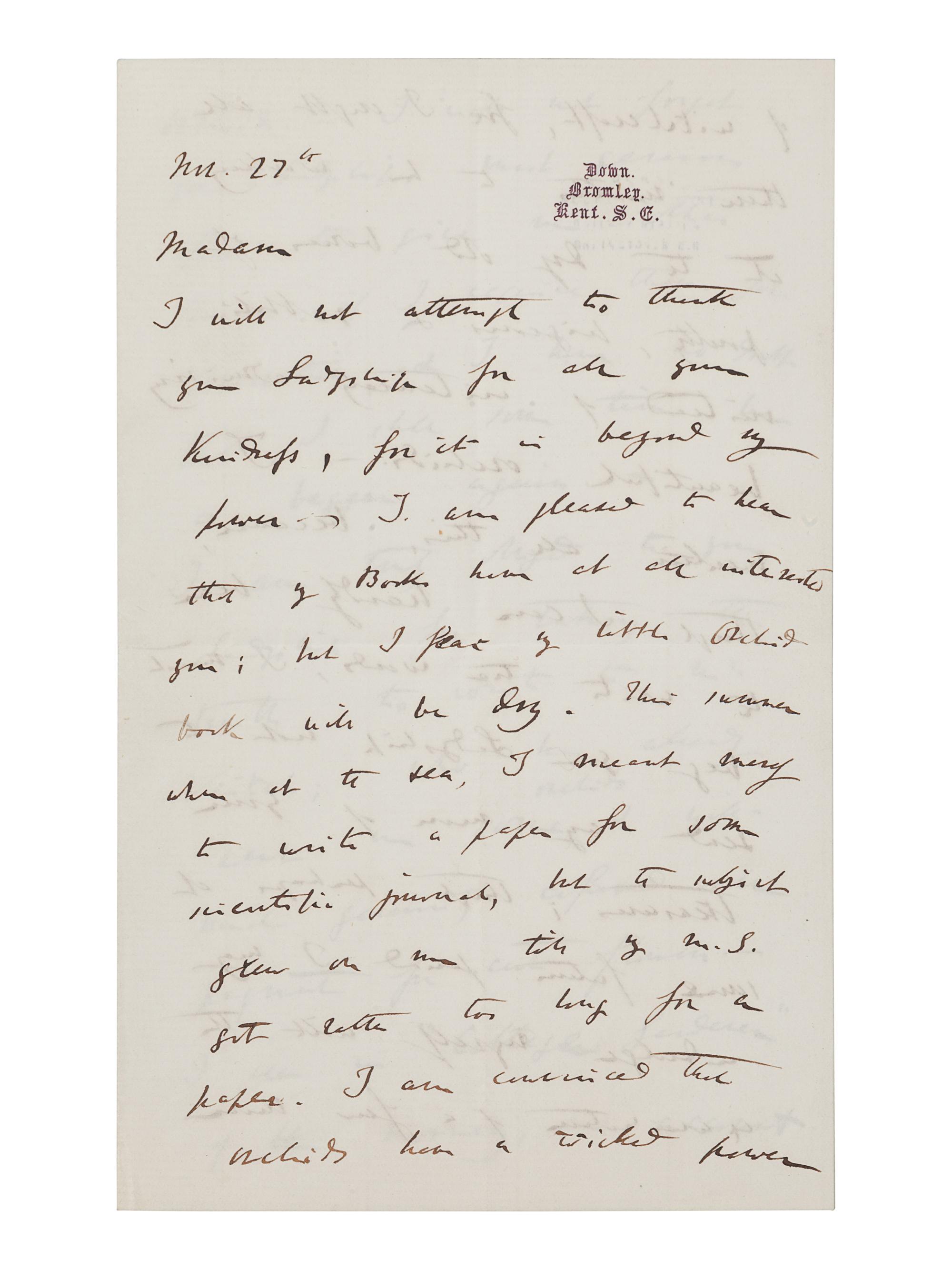 DARWIN, Charles (1809-1882). Autograph letter signed (“Charles Darwin”) to Lady Dorothy Fanny Nevill (“Madam”), Down, Bromley, Kent, 27 November [1861]. 4 pages, 8vo (203 x 127 mm), on a bifolium. Creased.