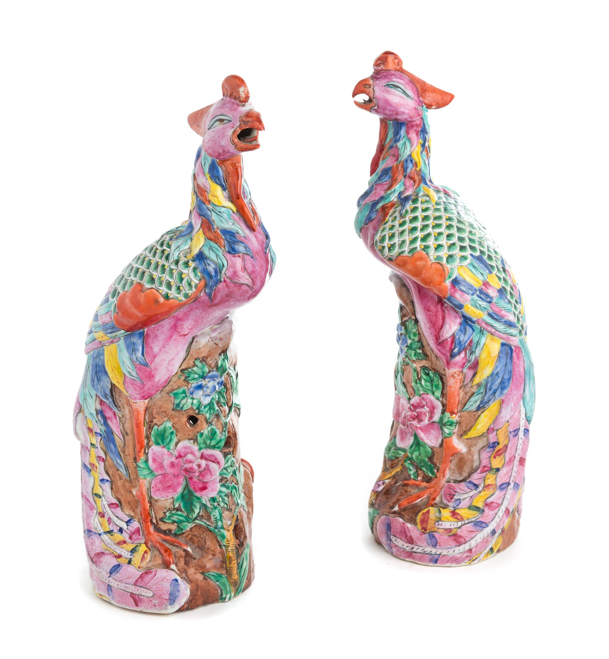 A Pair of Chinese Export Famille Rose Porcelain Figures of Phoenix Height 14 1/2 inches. — 19TH CENTURY