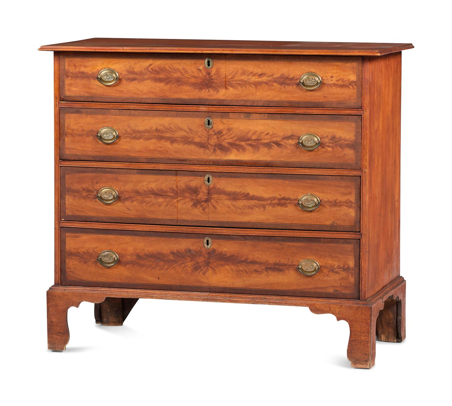 A Federal Flamed Birch Veneered and Maple Chest of Drawers