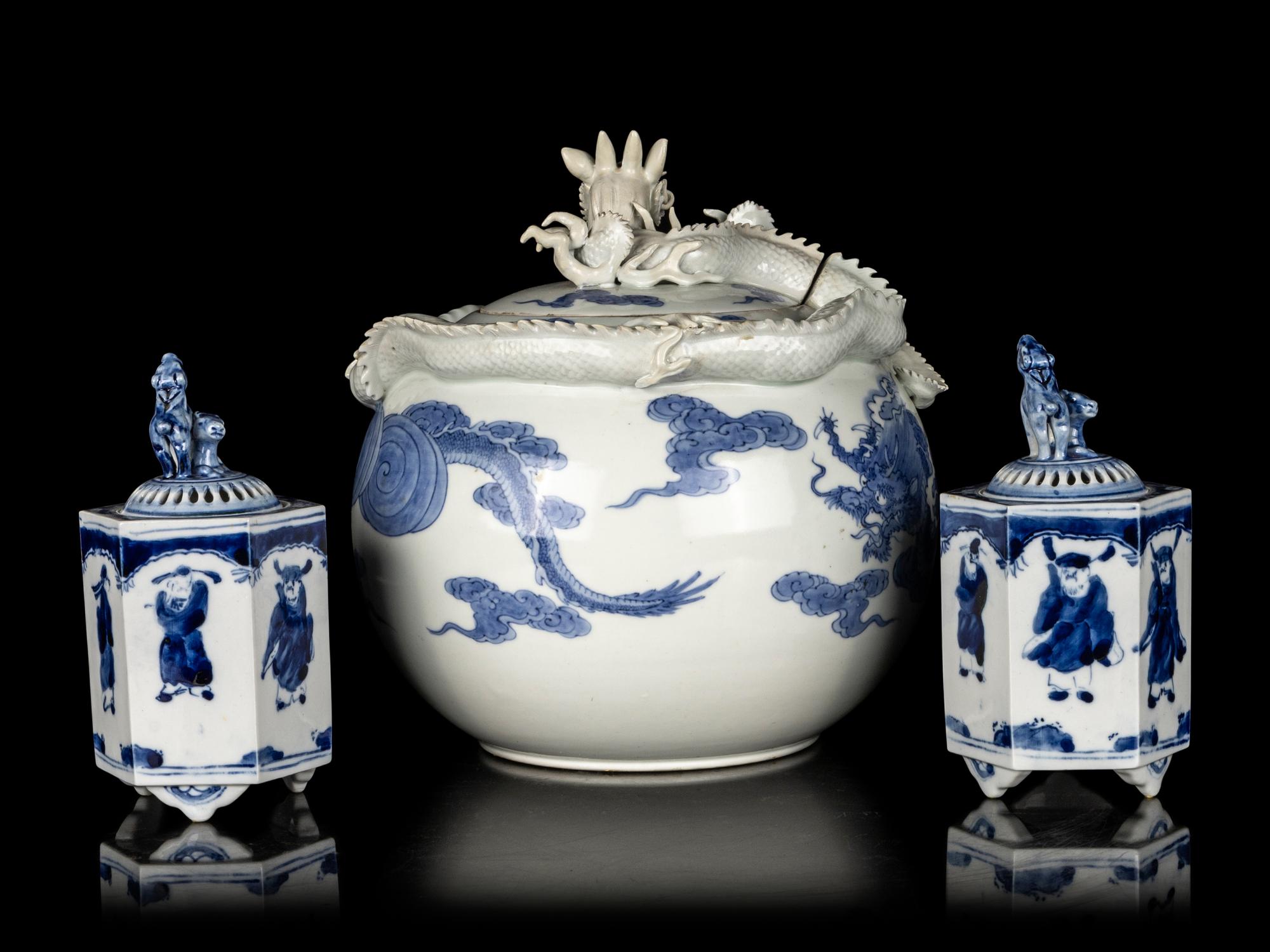 A Japanese Hirado-Style Blue and White Porcelain 'Dragon' Covered Jar and a Pair of Blue and White Porcelain Covered Incense Burners, Koro